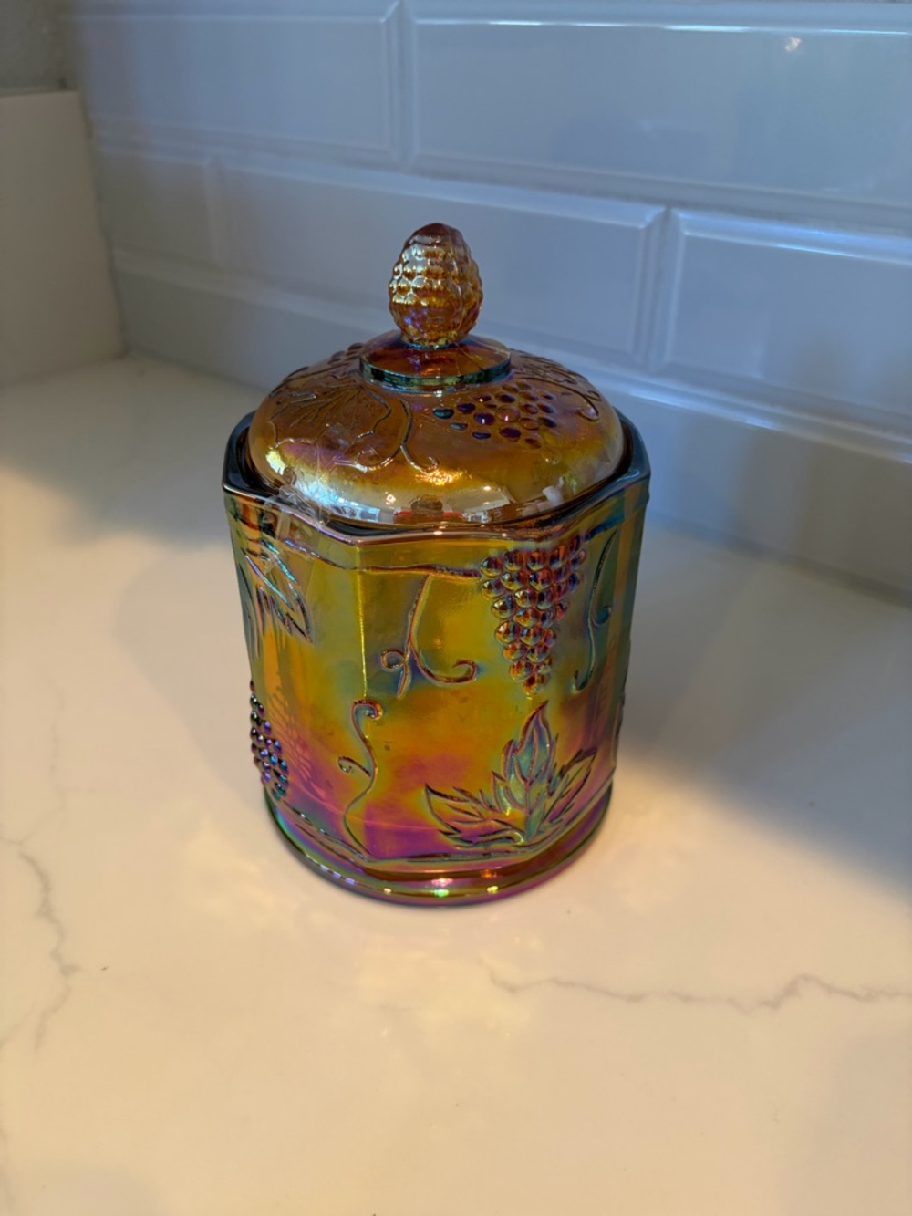 Iridescent Gold Carnival Glass Decorative Lidded Jar